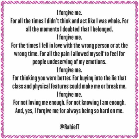 Monday Motivational Message (FORGIVE YOURSELF)  We sometimes forget to FORGIVE ourselves for the things we have done to ourselves. Self Forgiving allows you to laugh, enjoy life and move pass the negative.  Have you FORGIVEN yourself?  Do want to FORGIVE yourself?  Do you know how to FORGIVE yourself? Just a simple prayer is all you need. Then remember not to allow  the same things to continue over and over.  Have a wonderful week!  #onelove #selflove #soosootasty #DrSoSo #MondayMotivationalMess Forgiveness Worksheet, Forgiveness Lesson, Radical Self Love, Adult Children Quotes, Radical Forgiveness, People Pleasers, Soul Work, Radical Acceptance, Crystal Sunglasses