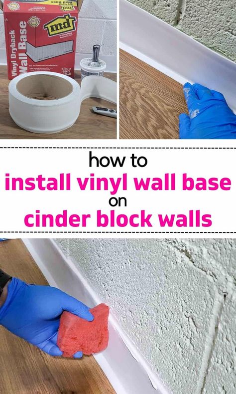 Read all the tips and see step-by-step pictures for how to install vinyl wall base to cinder block walls. An easy, inexpensive DIY project for your basement walls or garage walls! Installing floor trim / molding around the basement elevates the area and makes it much more elegant. This easy DIY installation doesn't require ANY special tools or skills. Basement Remodel Cinder Block Walls, Block Wall Basement Ideas, Basement Diy Unfinished, Painted Cinder Block Basement, Painted Cement Block Walls, Easy Basement Wall Covering, Cinder Block Wall Basement, Cinder Block Basement Makeover, Unfinished Wall Ideas