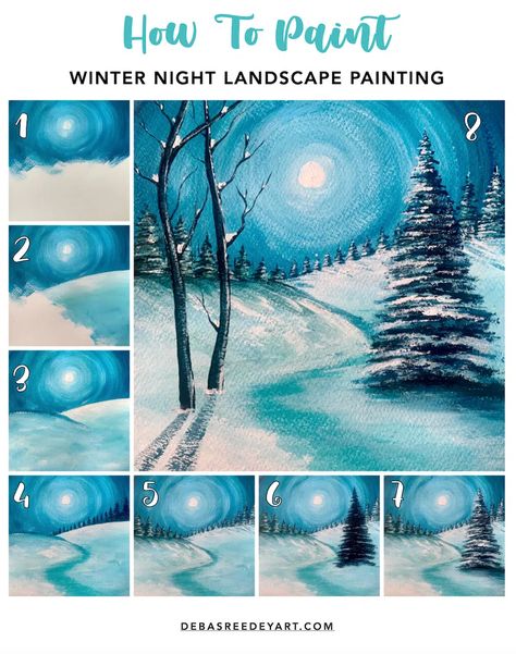 Winter Night Landscape Painting With Acrylics - Step By Step Tutorial Winter Painting Ideas On Canvas, Simple Painting Tutorials, Acrylic Painting Tutorials Step By Step, Winter Landscape Drawing, Cat Gouache, Winter Night Landscape, Night Landscape Painting, Night Paintings, Painting With Acrylics