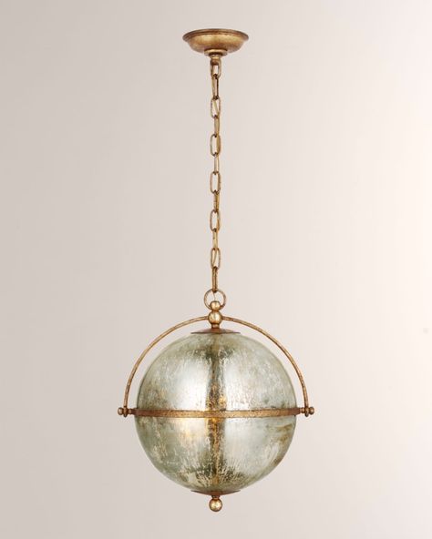 The Bayridge Pendant by Chapman amp; Myers showcases a refined design with timeless appeal. Inspired by materials from the Lorford series, a mercury glass globe is suspended within a demisphere frame with forged bolts that create a distinctive silhouette. Alone or in multiples, the unique piece will add an architectural element to entryways, dining rooms, or kitchens.    Crafted of iron and glass    Uses two 15watt LED Type A bulbs    Overall, approx. 15.5"Dia. x 18"T    Chain length: 6 ft. chai Funky Pendant Lights, Gold Kitchen Pendant Lights, Mercury Glass Chandelier, Mercury Glass Pendant Light, Art Deco Light Fixtures, Antique Pendant Light, Golf Room, Elegant Pendant Lighting, Large Pendant Lighting