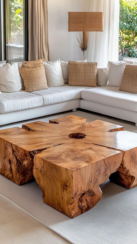 21 Cozy Organic Modern Living Room Ideas To Copy Live Edge Ideas, Lounge Coffee Table, Wall Mounted Kitchen Shelves, Resin Wood Table, Organic Modern Living Room, Log Table, Fireplace Frame, Modern Living Room Ideas, Coffee Table Ideas