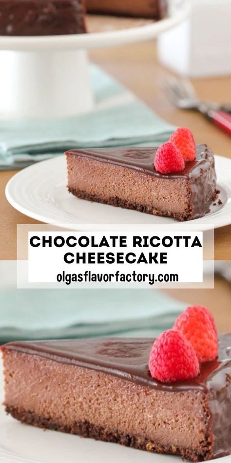 This Chocolate Ricotta Cheesecake is tender, velvety and so chocolatey. Using ricotta for the cheesecake makes it so much softer and more luscious than using just cream cheese. Ricotta Recipes Dessert, Sour Cream Topping, Chocolate Ricotta, Creamy Chocolate Cheesecake, Ricotta Cheesecake, Chocolate Cheesecake Recipes, Ricotta Recipes, Tea Biscuits, Fresh Raspberries