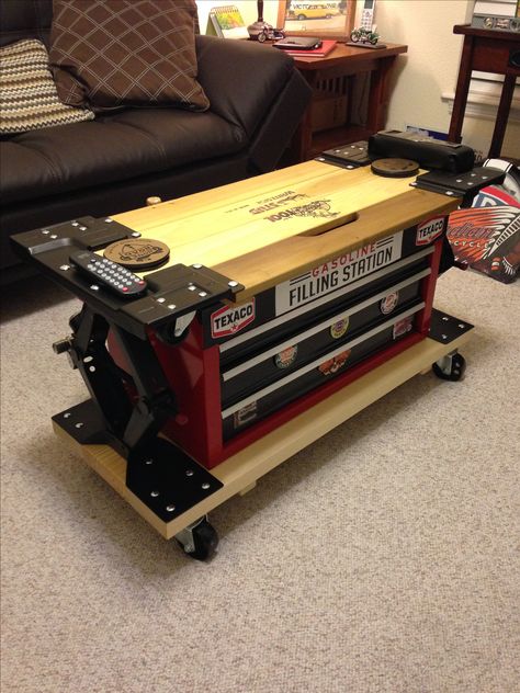 Man's cave coffee table made from automotive products. Mancave Coffee Table Ideas, Man Cave Coffee Table Ideas, Man Cave Coffee Table, Coffee Table Ideas, Home Decor Crate, Table Ideas, Pallet Coffee Table, Man Cave, Coffee Table