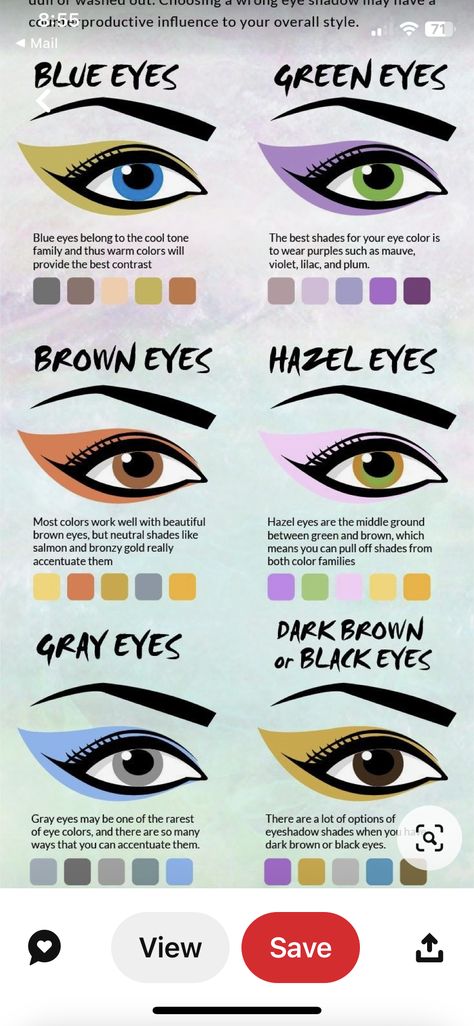 Eye Color Eyeshadow Chart, Eyeshadow Placement Chart, Makeup Colors For Hazel Eyes, Colors For Hazel Eyes, Eyeshadow Placement, Hazel Eyes, Cool Tones, Colorful Makeup, Brown Eyes