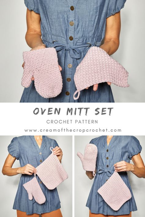 Oven Mitt Set Crochet Pattern - Cream Of The Crop Crochet Crochet Mitts, Crochet Pot Holders Free Pattern, Crochet Potholder Patterns, Potholder Patterns, Crochet Potholders, Crochet Mittens, Crochet Kitchen, Crochet Dishcloths, Crochet For Home