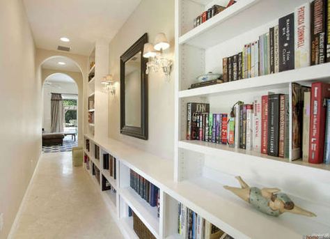 Light Paint Brightens a Hallway Bookshelf Hallway, Hallway Bookshelf, Mom Inspo, Hallway Ideas Diy, Limestone Floor Tiles, Entrance Halls, Dark Hallway, Custom Shelving, Upstairs Hallway