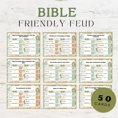 Get ready for an experience full of laughter and surprises with our special edition 'Bible Friendly Feud.' Dive into the fun as you compete with your family and friends to guess the most popular answers in this exciting Bible-focused edition. We've gathered 50 thrilling Bible-based questions that will challenge your knowledge and make you laugh. Bible Bowl Questions And Answers, Bible Family Fued, Guess Who Bible Characters, Bible Party Ideas, Biblical Games, Bible Family Feud, Jw Family Worship Ideas Kids, Jw Games, Church Youth Group Activities