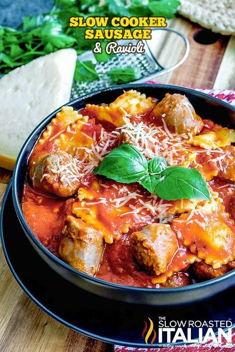 Sausage And Ravioli, Crockpot Italian Sausage, Cheesy Ravioli, Sausage Ravioli, Slow Cooker Sausage, Loose Meat Sandwiches, Sausage Crockpot, Slow Cooker Casserole, The Slow Roasted Italian