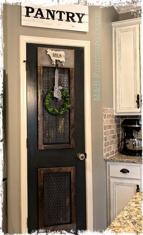 Pantry Door designed and built by M&B Furniture Decor Painted Pantry Doors Farmhouse, Rustic Pantry Door Ideas, Pantry Door Sign Ideas, Pantry Door Design Ideas, Pantry Door Decor Ideas, Farmhouse Pantry Doors, Pantry Doors Diy, Panty Door Ideas, Unique Pantry Door