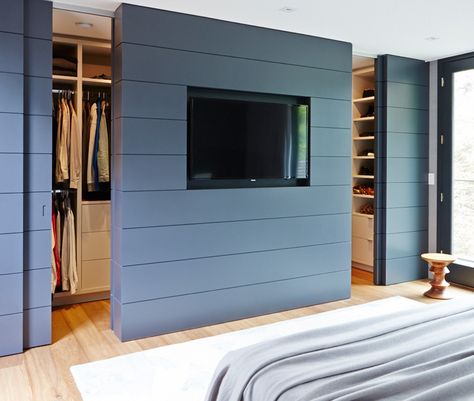 Pocket Door Walk In Closet, Dark Closets Walk In, Walking Closets, Walk Through Closet, Hidden Doors, Wood Closet, Resource Furniture, Barn Door Closet, Modern Style Bedroom