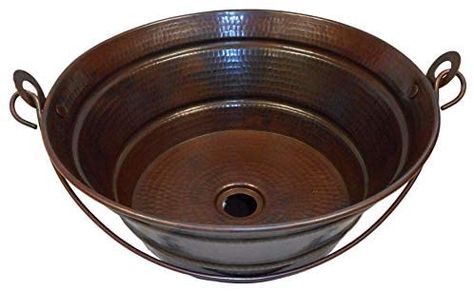 SimplyCopper 15" Rustic Round Copper BUCKET Vessel Bathroom Sink - - Amazon.com Copper Sink Care, Bucket Sink, Barn Bathroom, Rustic Sink, Unique Sinks, Bucket Design, Wall Mounted Bathroom Sinks, Copper Faucet, Copper Vessel