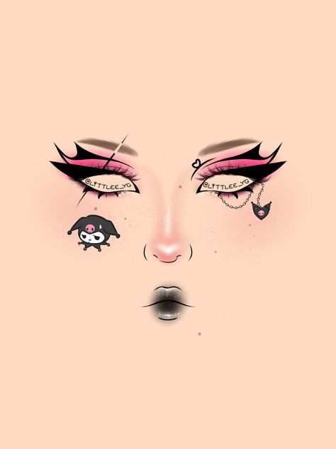 Maquillaje inspirando en la Kuromi alternativo Kuromi Eye Makeup, Kuromi Eyeliner, Kuromi Inspired Makeup, My Melody Makeup Look, Boceto Makeup Egirl, Scene Kid Makeup, Kuromi Eyeshadow, Delineados Egirl, Simple Alt Makeup