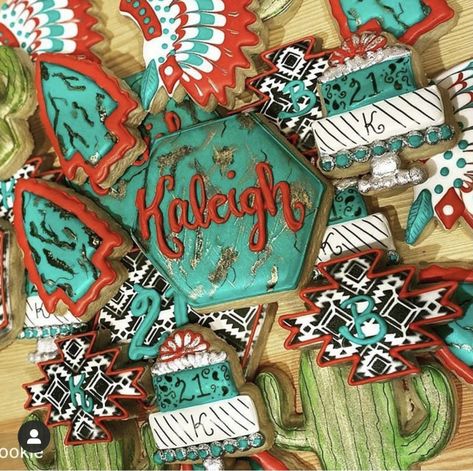 Aztec Party Theme, Western Boho Birthday Party, Turquoise Western Party, Western 16th Birthday Party Ideas, Western Cookies Decorated, Western Cakes Birthday, Aztec Cookies, Western Sweet 16 Ideas, Aztec Cake