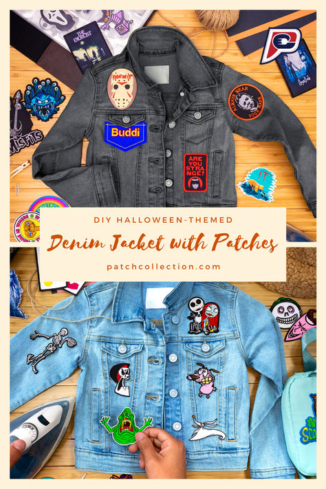 Transform your toddler's denim jacket into a spooktacular Halloween fashion statement! Discover creative DIY ideas with iron-on patches in this blog post. Get inspired for a fun and festive Halloween look for your little one. 🎃👻 #DIYHalloween #ToddlerFashion #HalloweenPatches Diy Patch Denim Jacket, Denim Jacket Patches Inspiration, Jean Jacket Patches Ideas, Denim Patches Diy, Denim Jacket With Patches, Diy Iron On Patches, Jean Jacket Diy, Halloween Jacket, Jacket With Patches