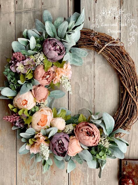 Blue Hydrangea Wreath, Diy Valentines Day Wreath, Diy Floral Wreath, Wreath Inspiration, Home Vibes, Floral Door Wreaths, Peony Wreath, Mauve Blush, Spring Floral Wreath