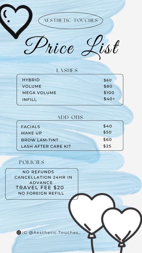 How To Gain Lash Clientele, Lash Pricing List, Beginner Lash Tech Price List, Lash Tech Prices, Lash Extensions Price List, Lash Prices For Beginners, Esthetician Services List, Lash Price List Ideas, Lash School