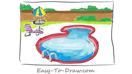 How to Draw a Cartoon Swimming Pool within a Fence for Kids » Easy-To-Draw.com Swimming Pool Drawing Easy, Swimming Pool Drawing, Swimming Pool Clipart, Swimming Pool Clip Art, Swimming Pool Illustration Art, Swimming Pool Steps, Pool Drawing, Peacock Drawing, Kid Pool