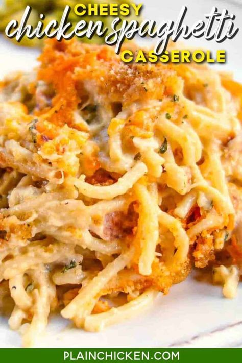 Cheesy Chicken Spaghetti Casserole, Plain Chicken Recipe, Baked Chicken Spaghetti, Chicken Spaghetti Casserole, Cheesy Spaghetti, Cheesy Chicken Spaghetti, Chicken Spaghetti Recipes, Spaghetti Casserole, Plain Chicken