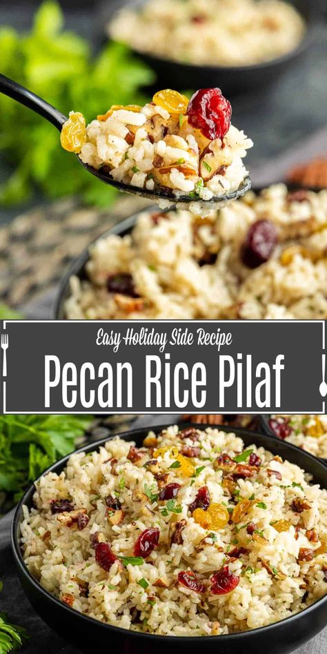 This Pecan Rice Pilaf recipe is an easy Thanksgiving side dish made with flavorful rice and buttery toasted pecans. A simple rice pilaf recipe for fall. This is an easy side dish for busy weeknights or a simple addition to Thanksgiving dinner. Pecan Rice, Holiday Dinner Sides, Broth Rice, Easy Rice Pilaf, Flavorful Rice, Easy Holiday Side Dishes, Rice Pilaf Recipe, Pilaf Recipe, Thanksgiving Side Dishes Easy