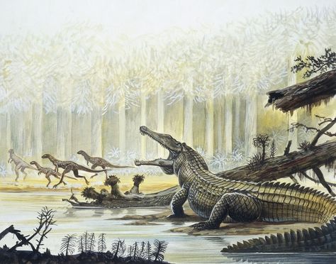 Reconstruction of a Rutiodon and Fabrosaurus  in background during the Triassic Period by Victor O. Leshyk Beast Reference, Dinosaur Artwork, Triassic Period, Prehistoric Fauna, Dinosaur Books, Earth History, Dinosaur Sketch, Prehistoric Wildlife, Animal Artwork