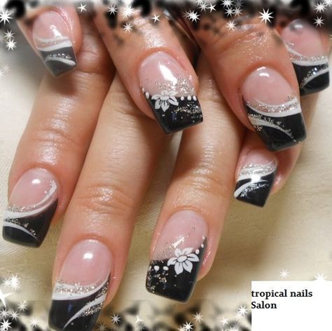 french black and white and silver glitter nails Black And White Nail, Wedding Nail Art Design, Fake Nails Designs, White Nail Art, White Nail Designs, Nails Wedding, Super Nails, Nail Art Wedding, Nails French