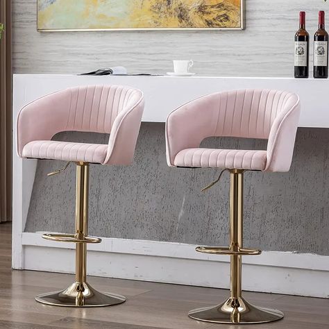 Dining Room Pink, Cream Bar Stools, Pink Bar Stools, Gold Bar Stools, Leather Swivel Bar Stools, Gold Dining Chairs, Island Dining Room, Gold Dining, Kursi Bar