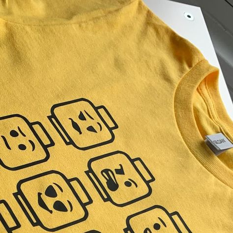 Made this cute LEGO brick face t-shirt for our sons LEGO themed birthday! Cricut Explore Air 2 & Cricut Easy Press 2. Lego Faces Svg Free, Cricut Lego Birthday Shirt, Cricut Lego Projects, Lego Cricut Ideas, Lego Tshirt Ideas, Cricut Lego, Lego Birthday Shirt, Lego Tshirt, Lego Vbs