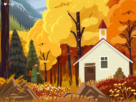 Autumn Forest Cabin by SakuraChen Autumn Illustration Art, Autumn Forest Illustration, Seasons Illustration, Cabin Illustration, Illustration Forest, Fall Illustration, Box Illustration, Illustration Fantasy, Forest Cabin