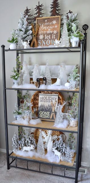 Dining Delight: Winter Decor on Etagere Shelves Winter Hutch Decorating Ideas, Winter Theme Decor, Winter Hutch Decor, Snowman Mantle Ideas, Winter Mantles, Christmas Shelf Decor Ideas, January Winter Decor, Winter Decor After Christmas, After Christmas Winter Decor