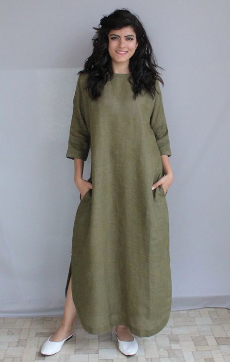 "DETAILS :- - Ankle length 50\" - 3/4 sleeves Length 15\" - Dress with Belt - 100% lightweight linen fabric - Customization Available Check the link below for my shop ---------------------------------------- https://www.etsy.com/in-en/shop/Magicsilvercraft https://www.etsy.com/in-en/shop/PehroDesign ---------------------------------------- ★★All the outfits are MADE TO ORDER you can share your demand for any kind of changes before placing your order ★★ ------------------------------------------- Linen Dresses Plus Size Summer, Linen Tunics For Women, Green Linen Dress, Plus Size Linen, Linen Tunic Dress, Linen Dress Women, Long Linen Dress, Mode Abaya, Linen Fashion