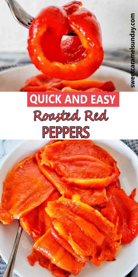 Fork holding roasted red peppers above white bowl of the same. Roast Red Peppers, Roasted Capsicum, Side Dish Recipes Easy, Best Side Dishes, Roasted Peppers, Most Popular Recipes, Roasted Red Peppers, Oven Roast, Pinterest Recipes