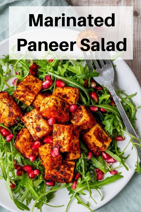 Have you tried paneer in a salad? Healthy and tasty, this marinated paneer salad is a different way to serve paneer but just as tasty.  It makes a delicious healthy midweek meal. Paneer Healthy Recipes, Healthy Paneer Recipes, Marinated Paneer, Paneer Salad, Delicious Healthy Salads, Grilled Paneer, Tandoori Paneer, Indian Salads, Arugula Salad Recipes