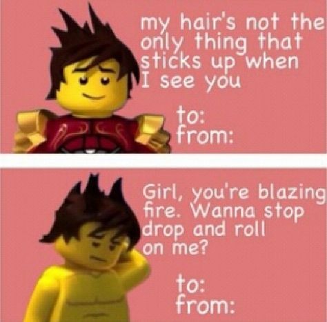 Kai would like to say Happy Valentines Day. Ninjago Valentines, Ninjago Memes, Ninjago Kai, Best Anime Drawings, Lego Man, Lego Ninjago Movie, Hello Kitty Iphone Wallpaper, Pick Up Lines, Lego Ninjago