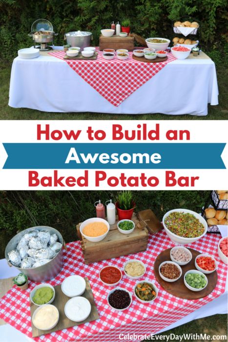 Baked Potato Bar Birthday Party, Baked Potato Bar Set Up Party Ideas, Teacher Appreciation Baked Potato Bar, Camping Baked Potato Bar, Build Your Own Baked Potato Bar, Baked Potato Bar Decorations, Baked Potato Party Bar, Bake Potatoes Bar Ideas, Baked Potato Bar Set Up