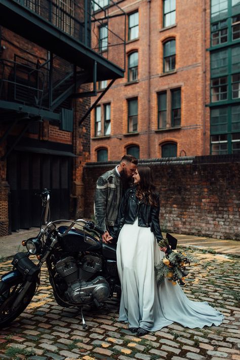 Motorcycle Wedding Pictures, Gangster Wedding, Elopement Styled Shoot, Bike Wedding, Motorcycle Wedding, Biker Wedding, City Wedding Photos, New York Vibes, Manchester City Centre