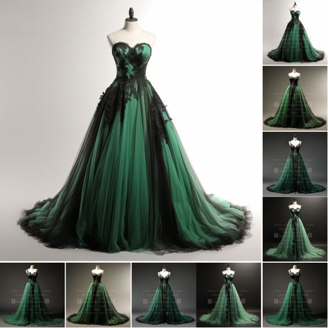 Green Tulle and Black Lace Edge Applique Full Length Lace Up Back Evening Dress Brithday Formal Black And Green Wedding Dress, Green And Black Dress, Green Wedding Dresses, Green Tulle, Black Wedding Dresses, Black Lace Dress, Lace Edging, Black Wedding, Green Wedding