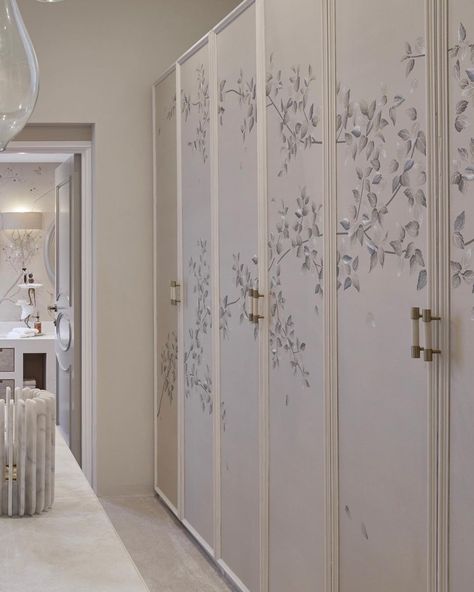 Noor Charchafchi (@celineinteriordesign) | Instagram Wallpaper For Wardrobe Closet Doors, Wallpaper For Wardrobe, Fretwork Wardrobe Doors, Decorated Wardrobe Doors, Wardrobe With Wallpaper, Painted Closet Doors Aesthetic, Wallpaper Wardrobe Doors, Wallpaper Closet Doors, Cupboard Wallpaper