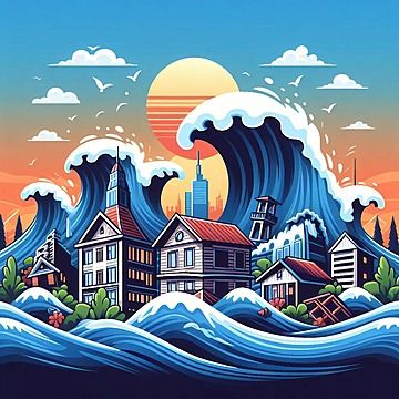 Natural Disasters Drawing, Tsunami Illustration, Gradient Architecture, Disaster Poster, Tsunami Image, Natural Disasters Art, Fairy Background, Tourism Design, Tsunami Waves