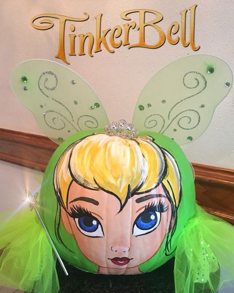 Tinkerbell Pumpkin Painting, Fairy Pumpkin Painting, Sleeping Beauty Pumpkin, Tinker Bell Pumpkin, Tinker Bell Halloween, Tinkerbell Pumpkin, Fairy Pumpkin, Pumpkin Character, Pumpkin Paintings