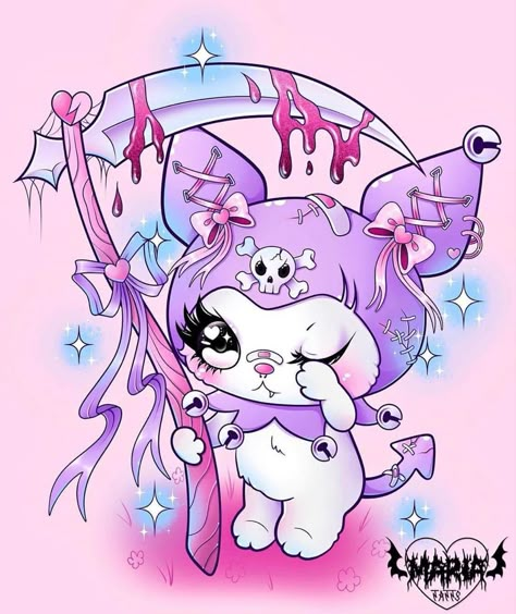 Pastel Goth Cartoon, Pink Grim Reaper, Pastel Gore Art, Goth Kawaii Art, Kuromi Art, Kuromi Human, Creepy Kawaii, Gothic Drawings, Dark Kawaii