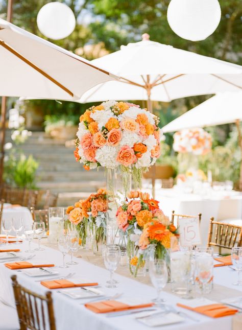 Orange Wedding Decorations, Orange Wedding Themes, Orange Wedding Flowers, Summer Wedding Decorations, Dream Wedding Decorations, White Wedding Theme, Malibu Wedding, June Wedding, Venue Decor