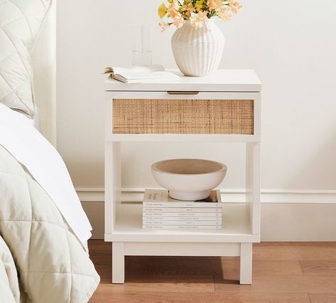 Westly Cane Mini Nightstand | Pottery Barn Beachy Nightstand, Highschool Bedroom, Narrow Nightstand Ideas, Mini Nightstand, Dressers And Nightstands, Fresh Room, Rattan Dresser, Narrow Nightstand, White Rattan