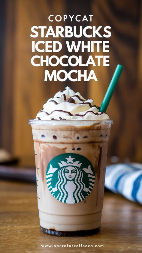 Love Starbucks' Iced White Chocolate Mocha? Now you can make it at home with this easy recipe! 🎉 Rich white chocolate sauce meets creamy milk, espresso, and whipped cream for a cafe-perfect drink. Customize for keto, dairy-free, or low-sugar options! Ideal for party drinks or a cozy winter treat! 🍫✨ Starbucks Iced White Mocha At Home, Iced White Chocolate Mocha At Home, White Chocolate Mocha Starbucks Recipe, Iced White Mocha Starbucks, Iced White Chocolate Mocha Starbucks, Starbucks White Chocolate Mocha Recipe, Chocolate Frappuccino Recipe, Starbucks Iced Coffee Drinks, Starbucks White Chocolate