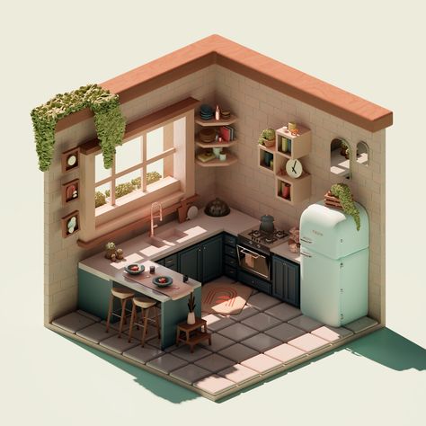 Isometric Kitchen, Isometric Interior, Isometric Rooms, Blender Projects, House Flipper, Designer Room, Kitchen 3d, House Flippers, Sims 4 House Building