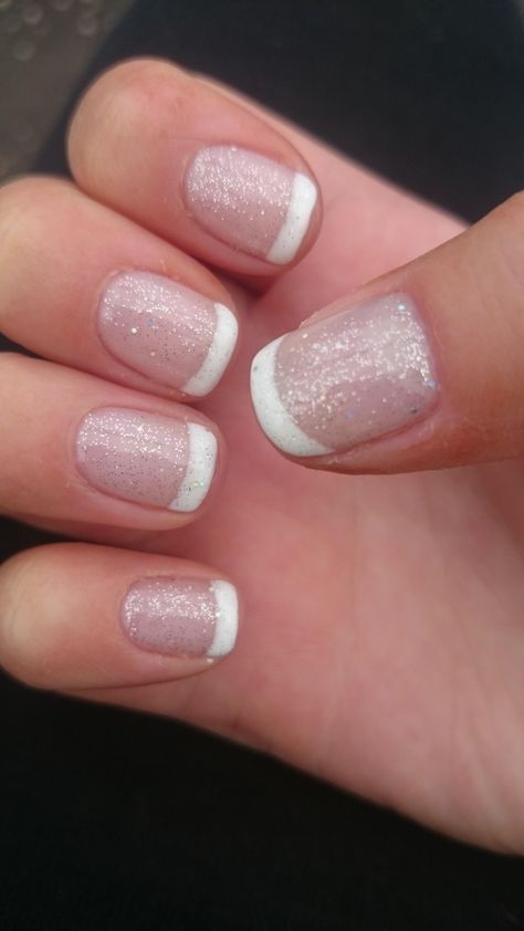 French Nail Dip Designs, Short Dip Powder French Nails, Shimmery French Manicure, Sparkle French Tip Nails Short, Glitter French Manicure Short Nails, Fun Wedding Nails For Bride, Gen Nails, Sparkle French Manicure, Shellac French Manicure