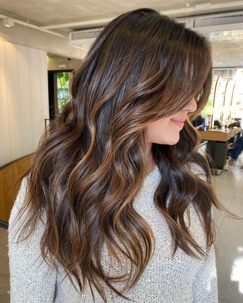 Dark Hair with Medium Brown Highlights Toffee Highlights, Rich Chocolate Hair Color, Trendy Brown Hair, Indian Hair Color, Brown Hair Color Shades, Natural Brown Hair, Warm Brown Hair, Honey Brown Hair, Medium Brown Hair