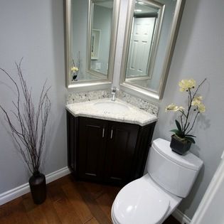 Powder Room Design Ideas, Pictures, Remodel and Decor Traditional Powder Room, Diy Basement, Small Basements, Corner Sink, Small Bathroom Ideas On A Budget, Half Bathroom, Basement Bathroom, Budget Bathroom, Trendy Bathroom