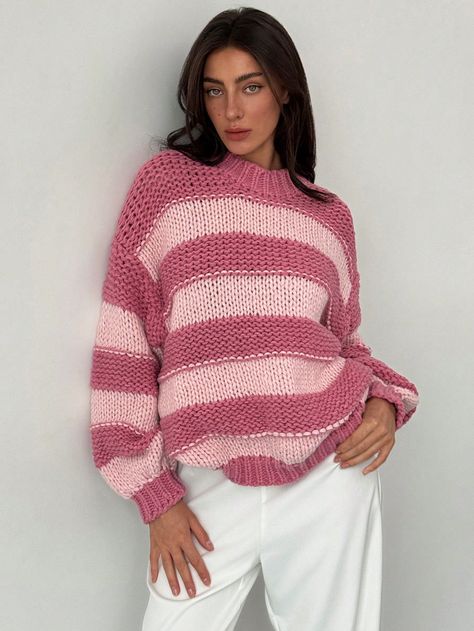 New Chunky Knit Contrast Color Lovely Pink Crew Neck Warm Sweater Pink Casual  Wrist-Length Sleeve Knitwear Colorblock,Striped Pullovers Medium Stretch  Women Clothing, size features are:Bust: ,Length: ,Sleeve Length: Boho Picnic, Y2k Butterfly, Butterfly Blouse, Coachella Dress, Styles Summer, Warm Sweater, Spring Boho, Holiday Party Dresses, Pink Crewneck