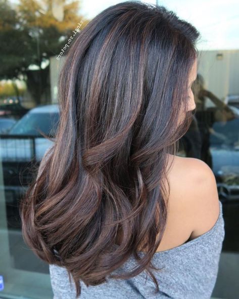 Chocolate Balayage For Black Hair Dark Brunette Partial Highlights, Hair Colour Design, Chocolate Brown Hair Color, Brunette Balayage, Chocolate Hair, Color Highlights, Chocolate Brown Hair, Coloring Ideas, Caramel Highlights