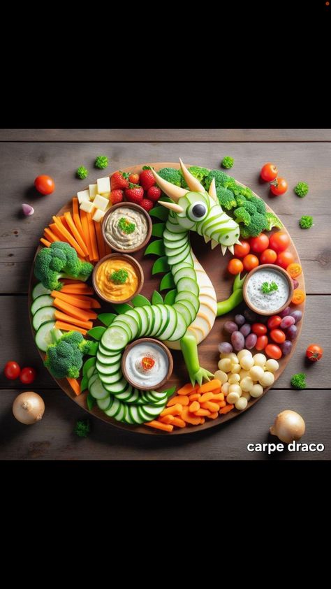 Dragon Veggie Tray, Dragon Shaped Food, Snake Charcuterie Board, Dinosaur Charcuterie Board, Dragon Food Ideas, Dinosaur Birthday Party Food, Amazing Food Platters, Decorative Food, Charcuterie Ideas